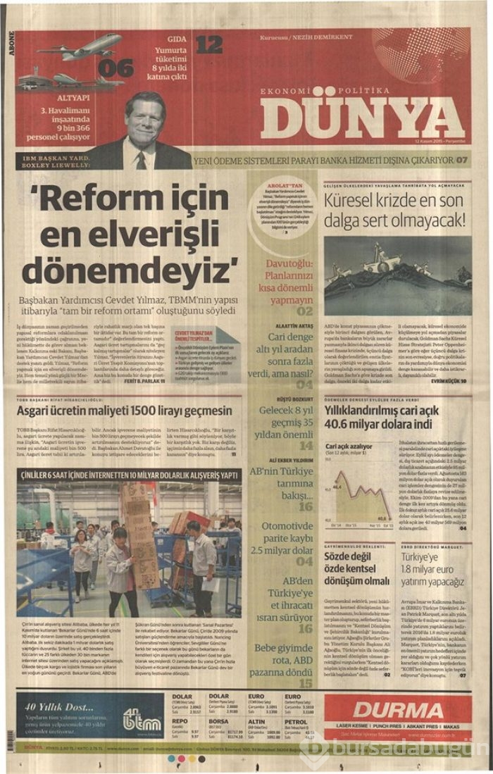 Günün gazete manşetleri 12 Kasım 2015