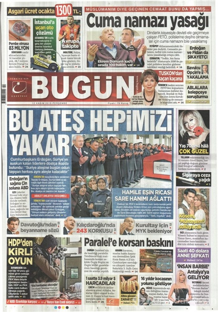 Günün gazete manşetleri 12 Kasım 2015