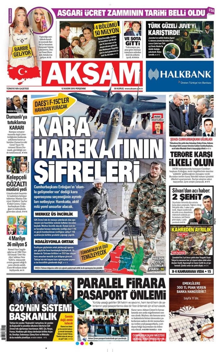 Günün gazete manşetleri 12 Kasım 2015
