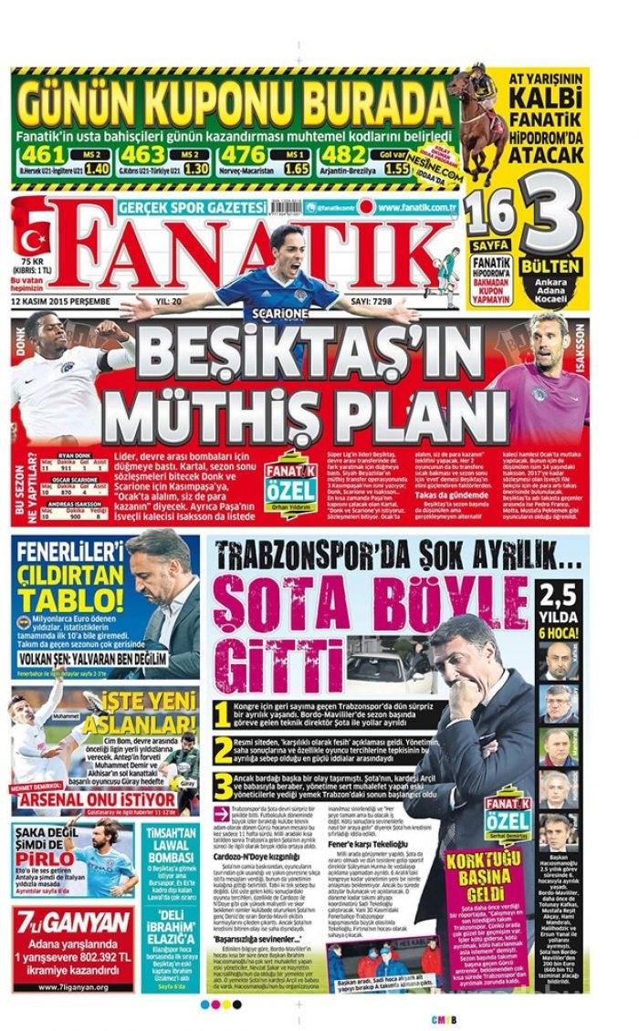Günün gazete manşetleri 12 Kasım 2015