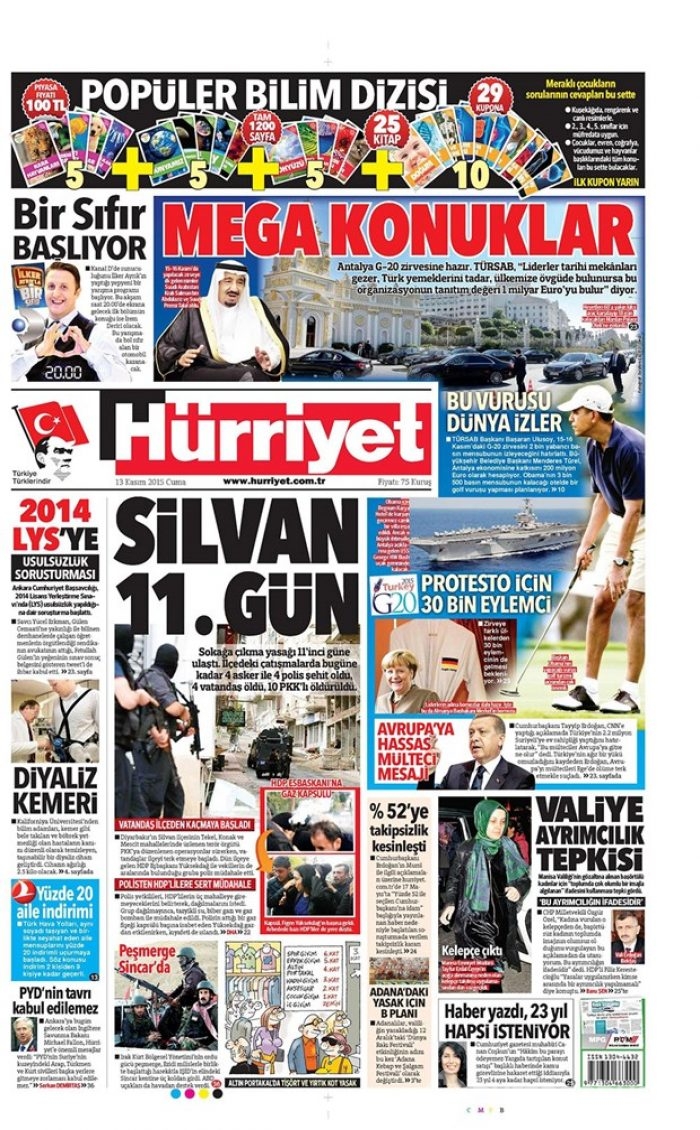 Günün gazete manşetleri  13 Kasım 2015