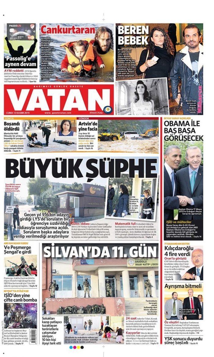 Günün gazete manşetleri  13 Kasım 2015