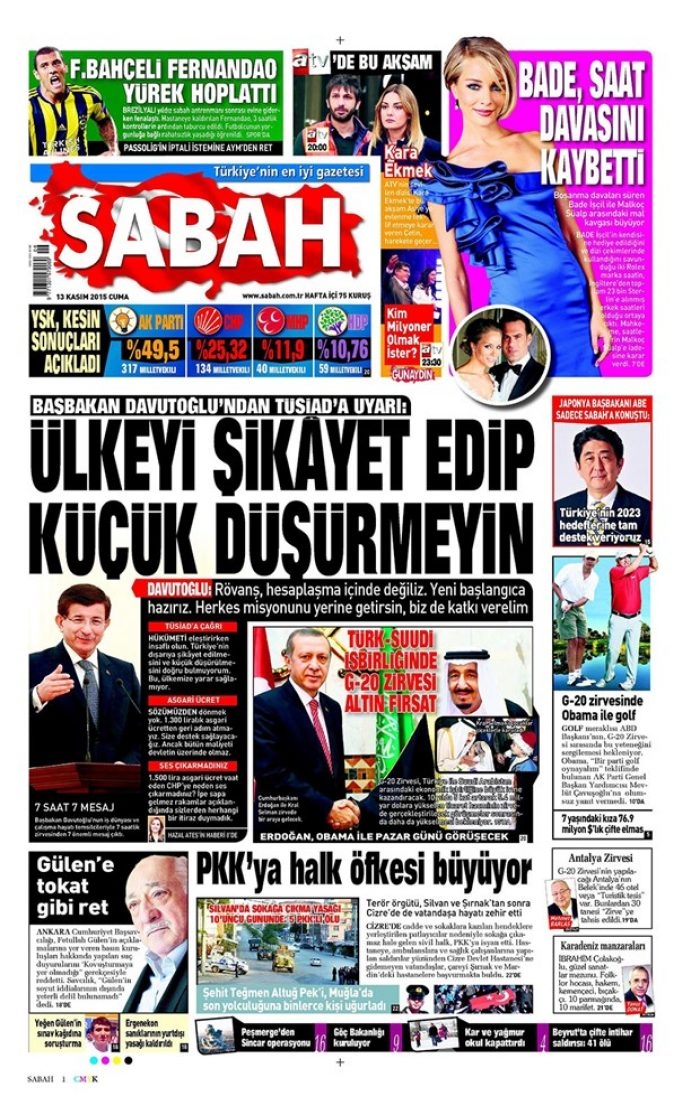 Günün gazete manşetleri  13 Kasım 2015