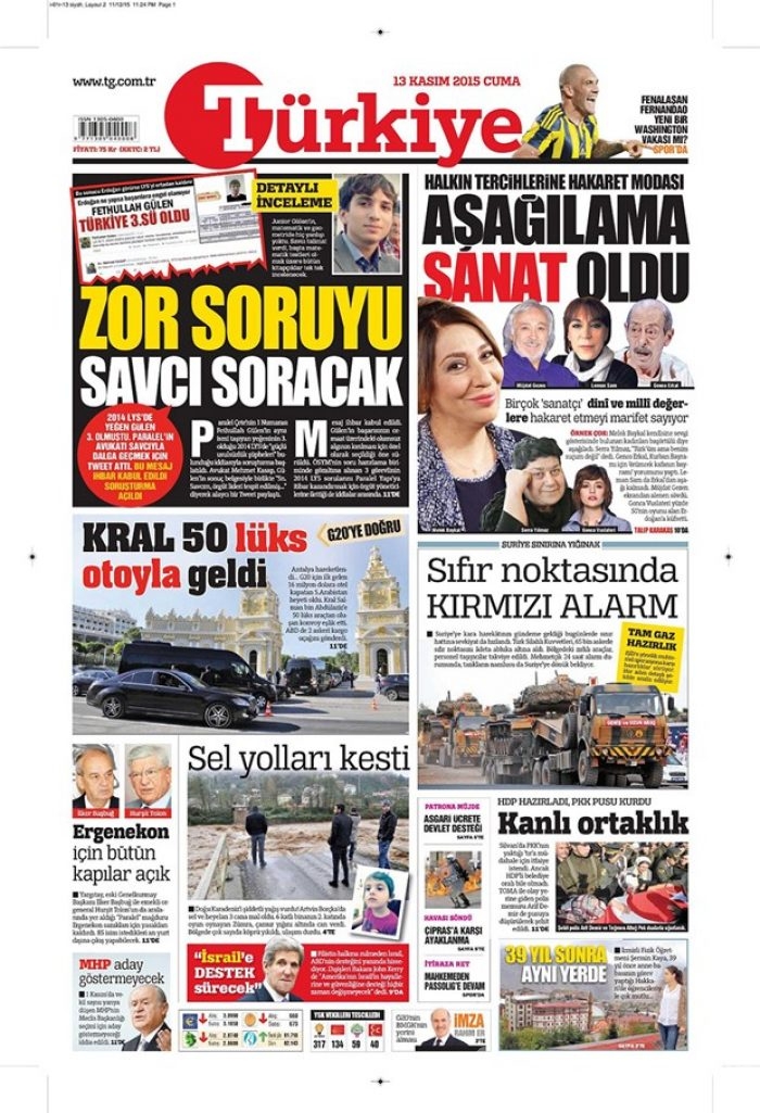 Günün gazete manşetleri  13 Kasım 2015