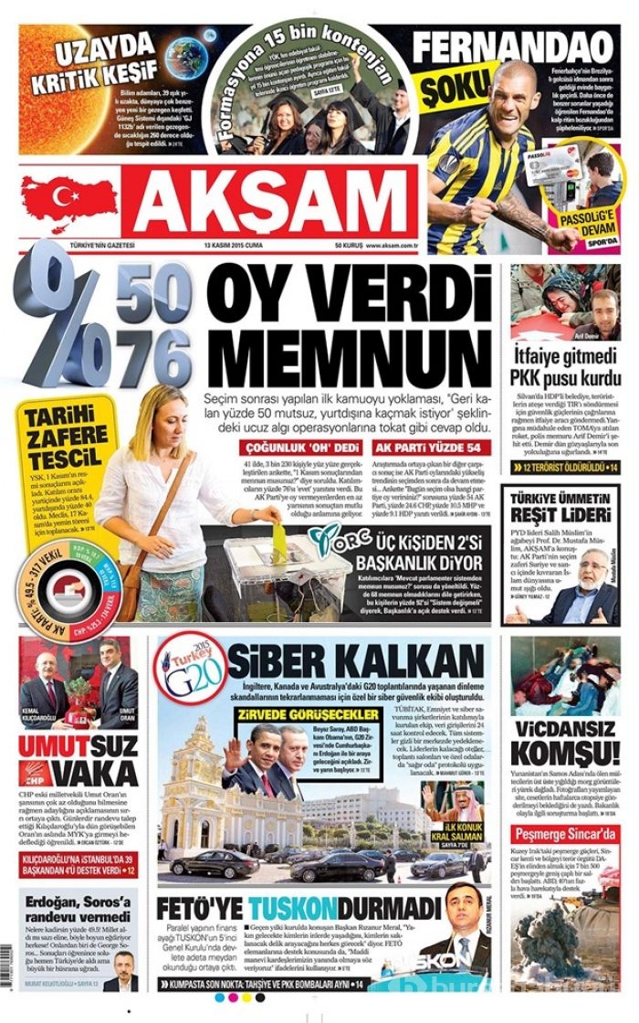 Günün gazete manşetleri  13 Kasım 2015