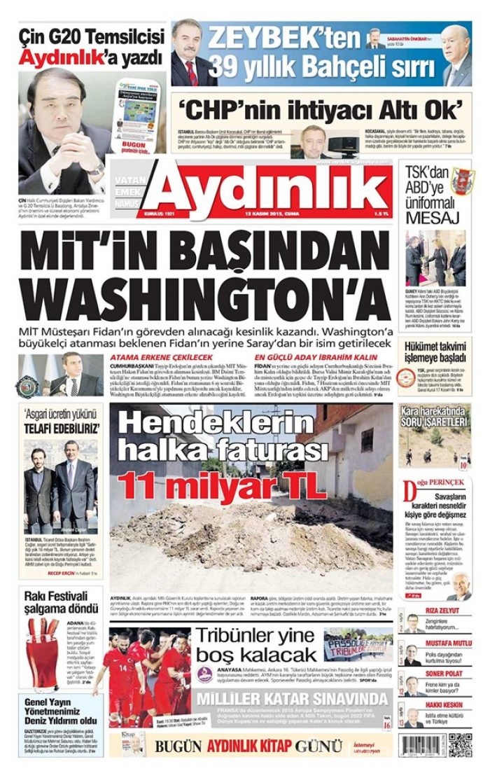 Günün gazete manşetleri  13 Kasım 2015