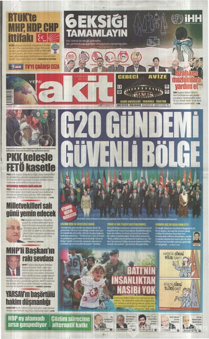 Günün gazete manşetleri  13 Kasım 2015