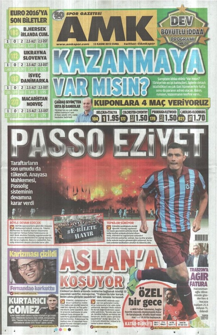 Günün gazete manşetleri  13 Kasım 2015