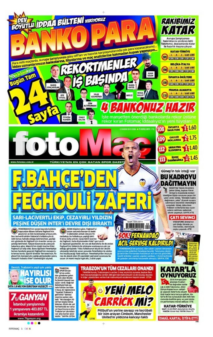 Günün gazete manşetleri  13 Kasım 2015