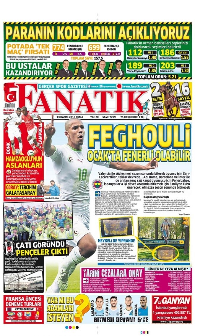 Günün gazete manşetleri  13 Kasım 2015