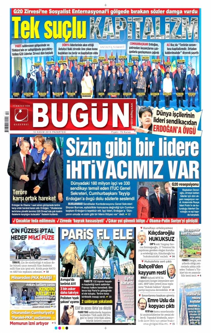 Günün gazete manşetleri (16 Kasım 2015)
