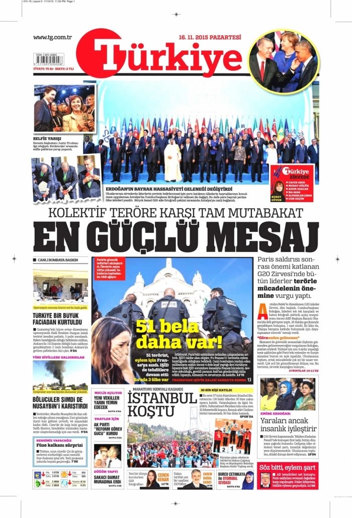 Günün gazete manşetleri (16 Kasım 2015)