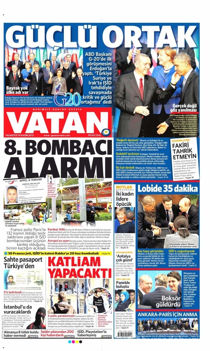 Günün gazete manşetleri (16 Kasım 2015)
