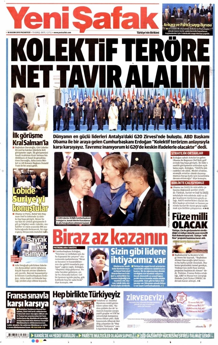 Günün gazete manşetleri (16 Kasım 2015)