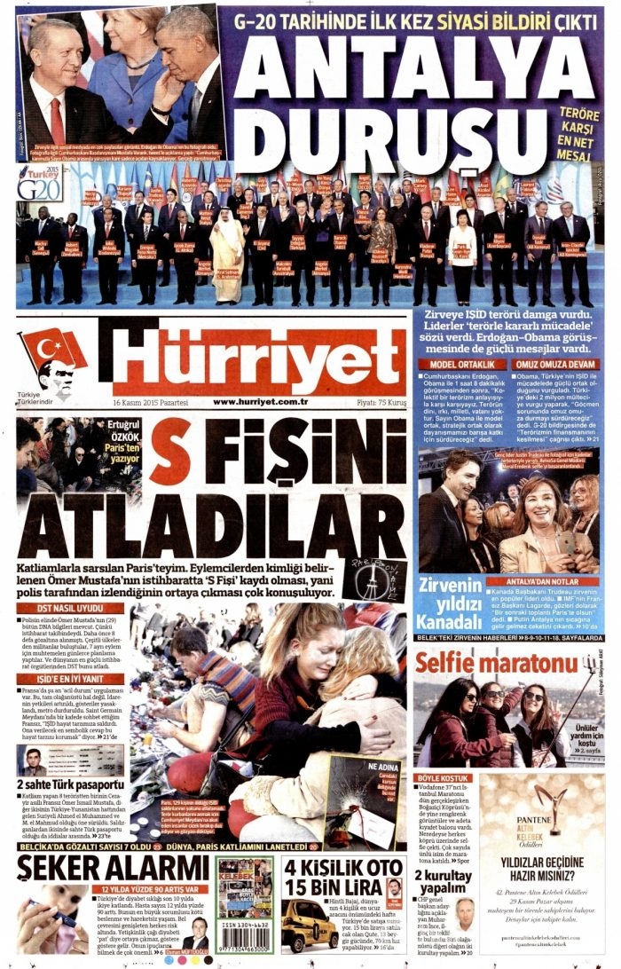 Günün gazete manşetleri (16 Kasım 2015)