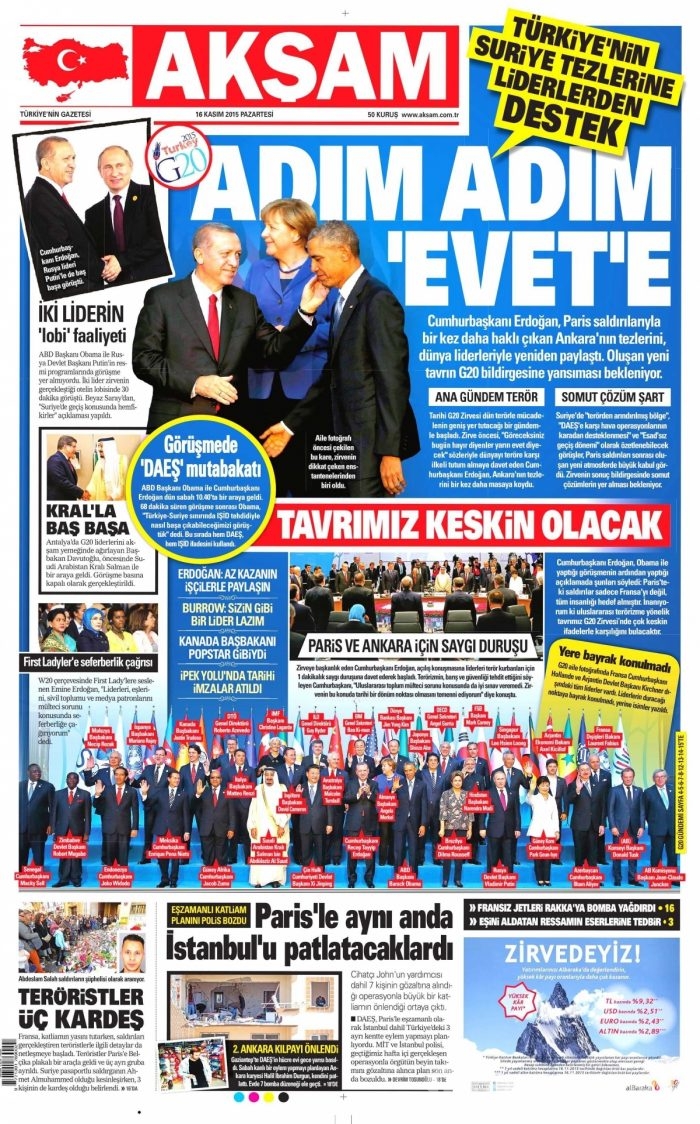 Günün gazete manşetleri (16 Kasım 2015)