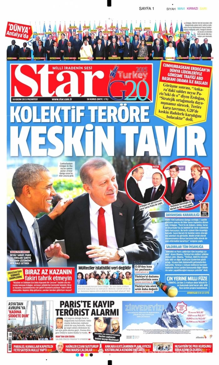 Günün gazete manşetleri (16 Kasım 2015)
