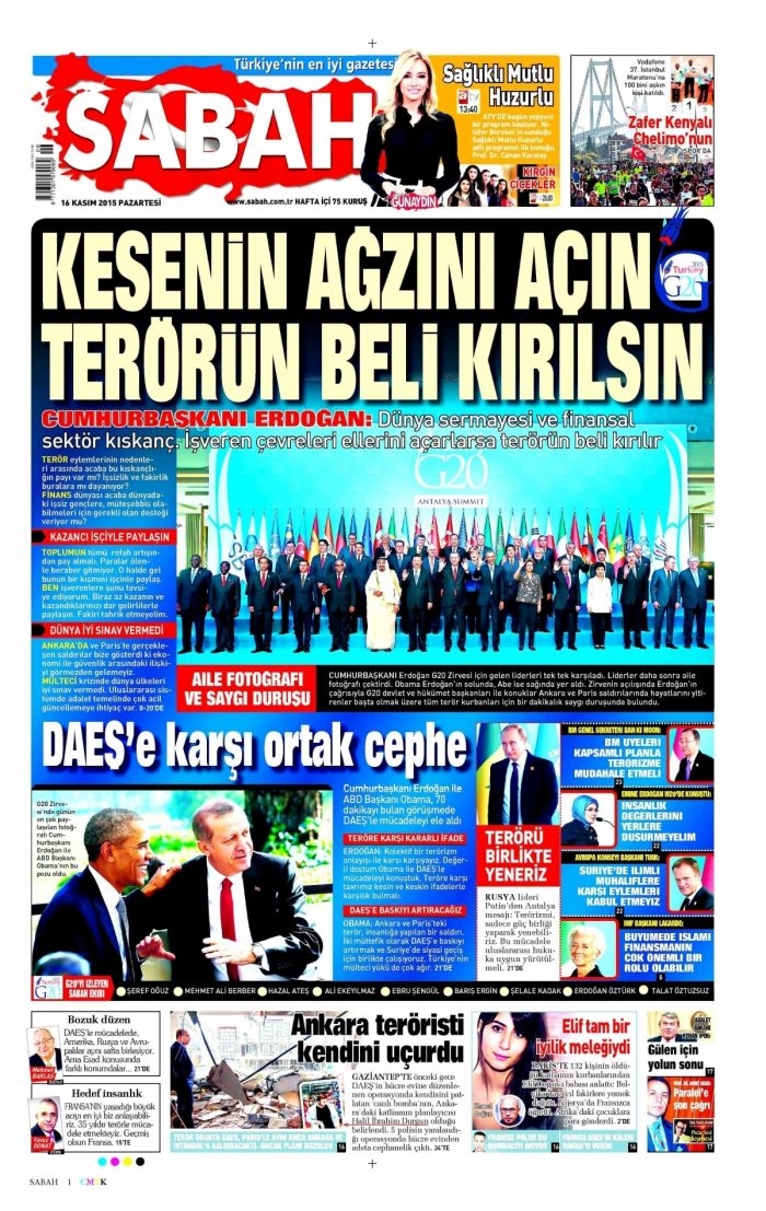 Günün gazete manşetleri (16 Kasım 2015)