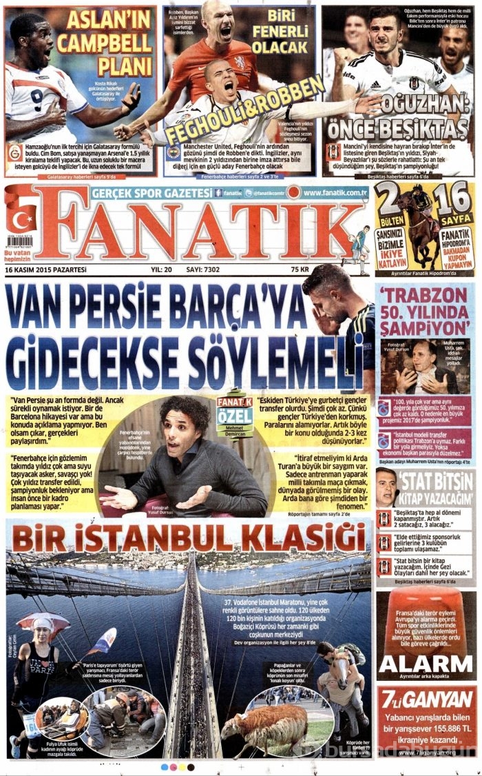 Günün gazete manşetleri (16 Kasım 2015)