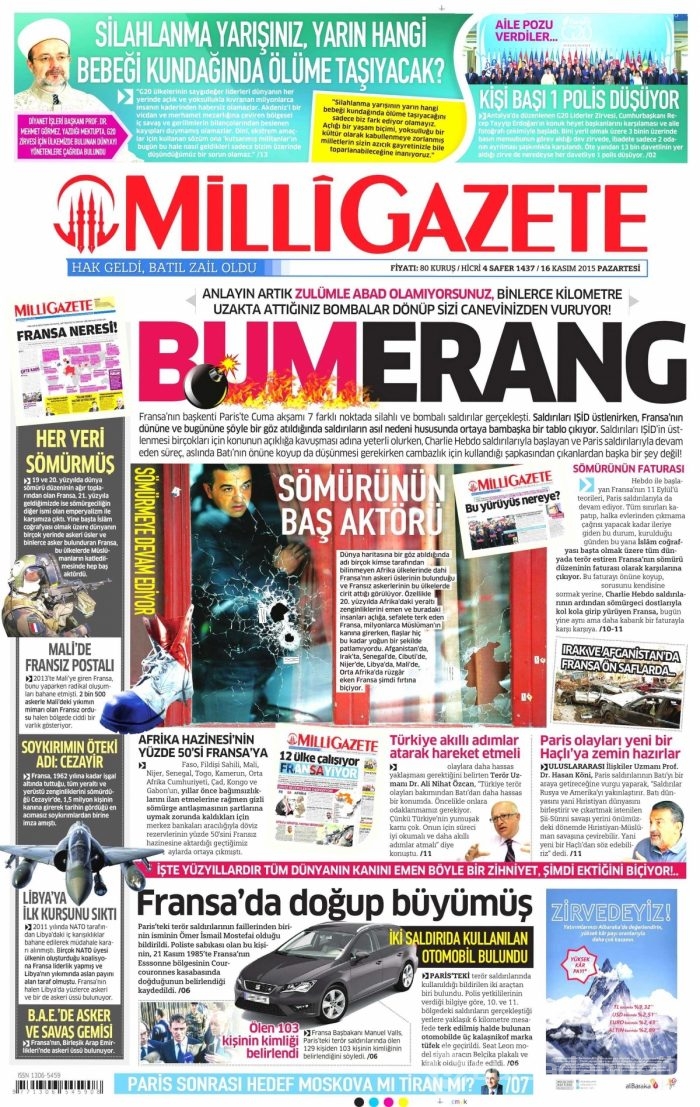 Günün gazete manşetleri (16 Kasım 2015)