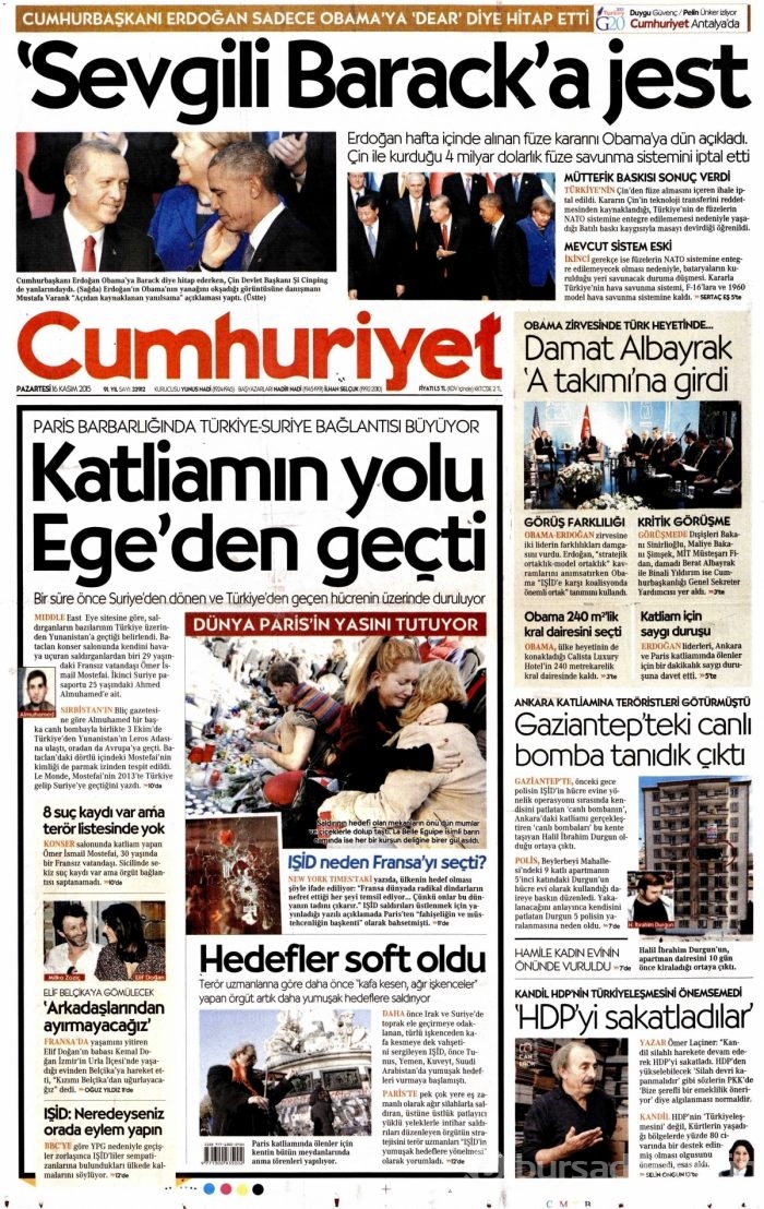 Günün gazete manşetleri (16 Kasım 2015)