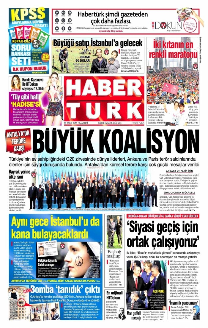 Günün gazete manşetleri (16 Kasım 2015)