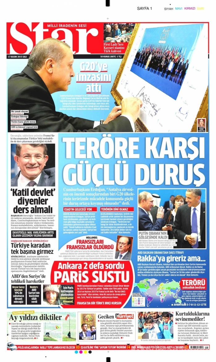 Gazete manşetleri (17 Kasım 2015)