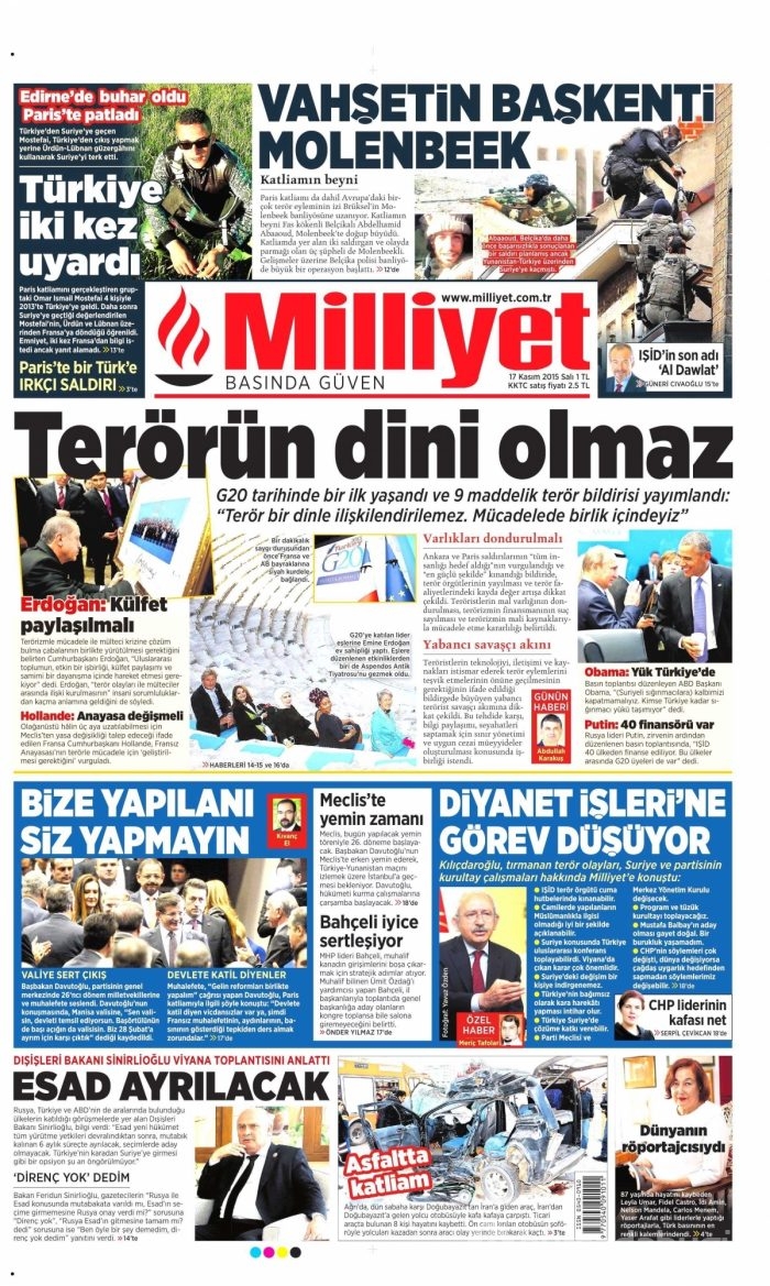 Gazete manşetleri (17 Kasım 2015)