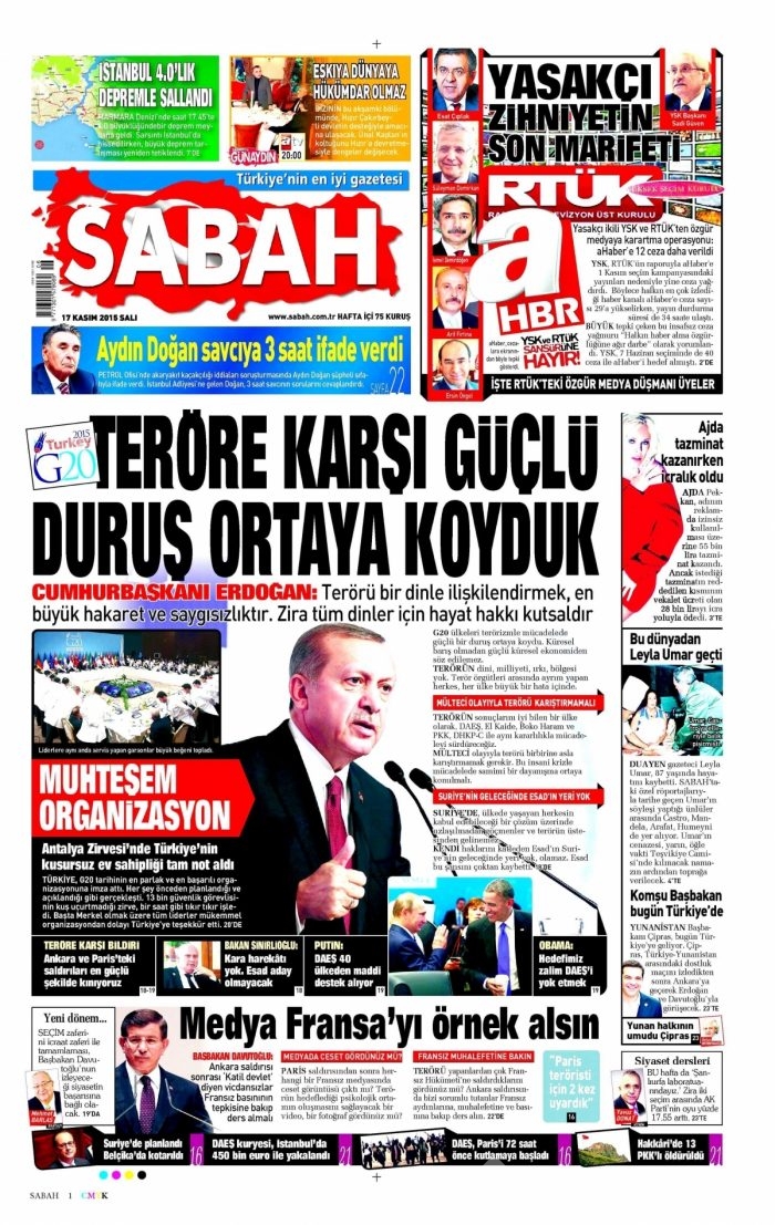 Gazete manşetleri (17 Kasım 2015)