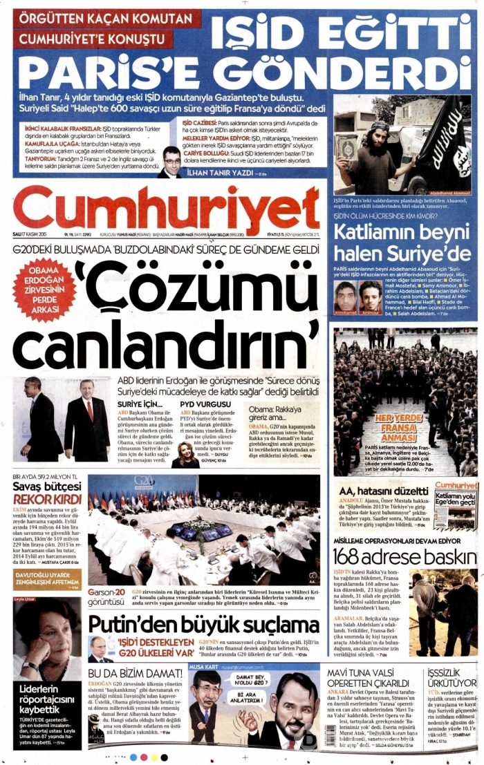 Gazete manşetleri (17 Kasım 2015)