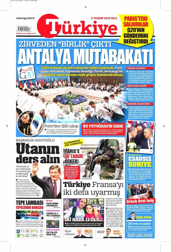 Gazete manşetleri (17 Kasım 2015)