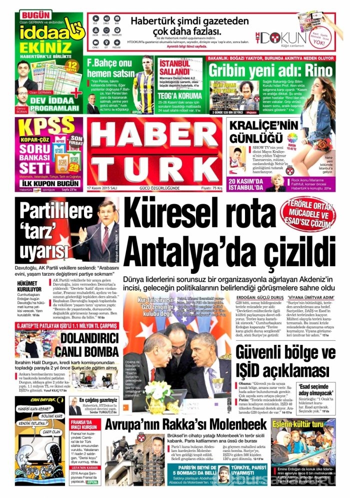 Gazete manşetleri (17 Kasım 2015)