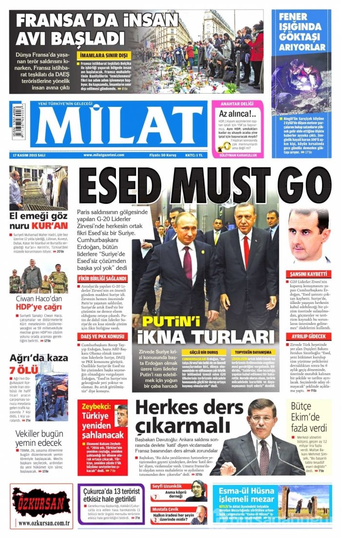 Gazete manşetleri (17 Kasım 2015)