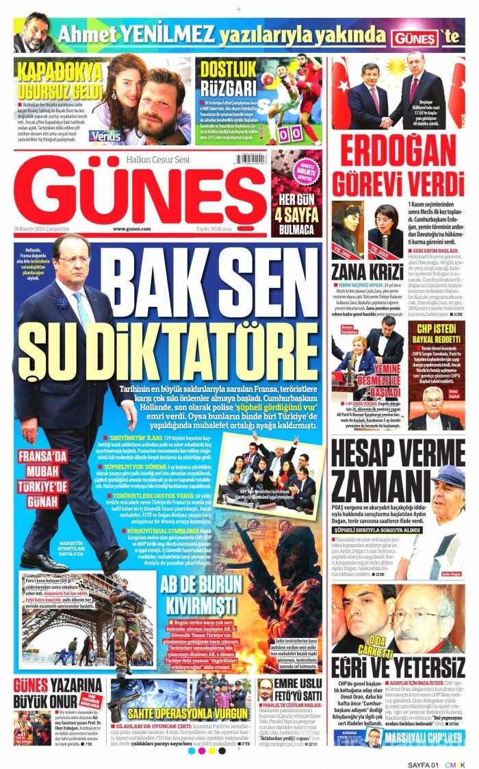 Günün gazete manşetleri (18 Kasım 2015)
