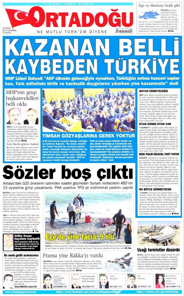 Günün gazete manşetleri (18 Kasım 2015)