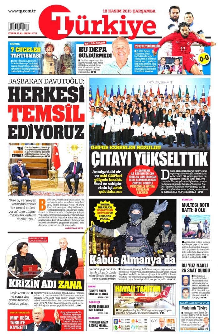 Günün gazete manşetleri (18 Kasım 2015)