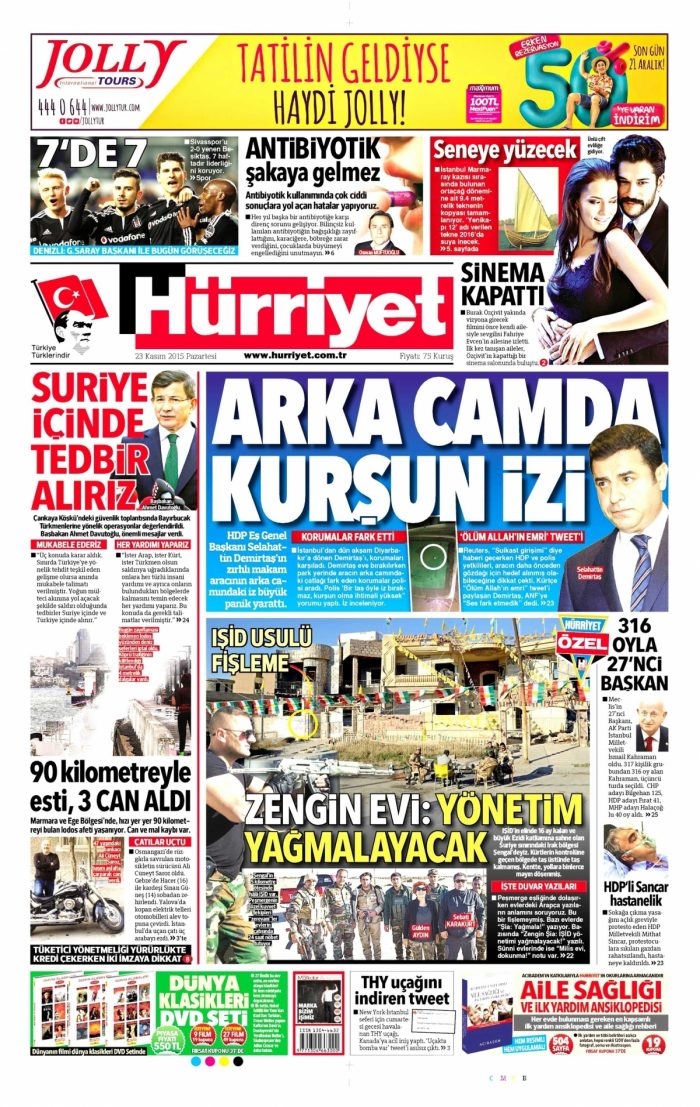 Günün gazete manşetleri (23 Kasım 2015)