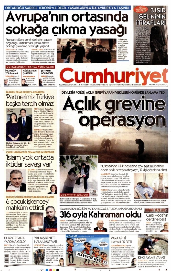 Günün gazete manşetleri (23 Kasım 2015)