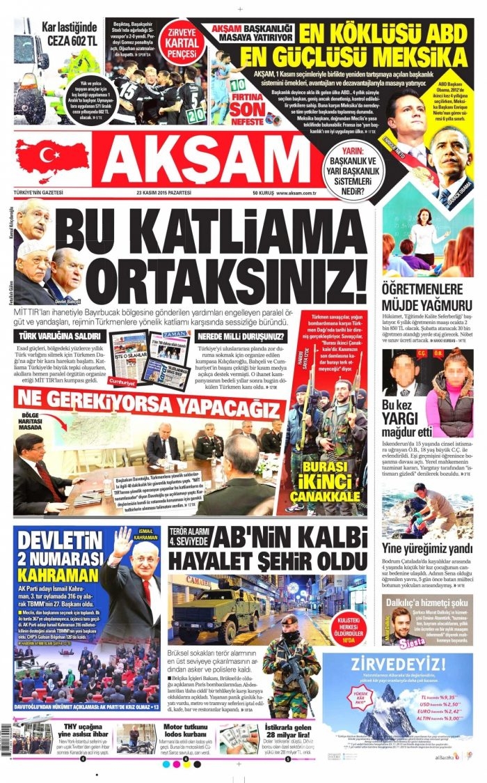 Günün gazete manşetleri (23 Kasım 2015)