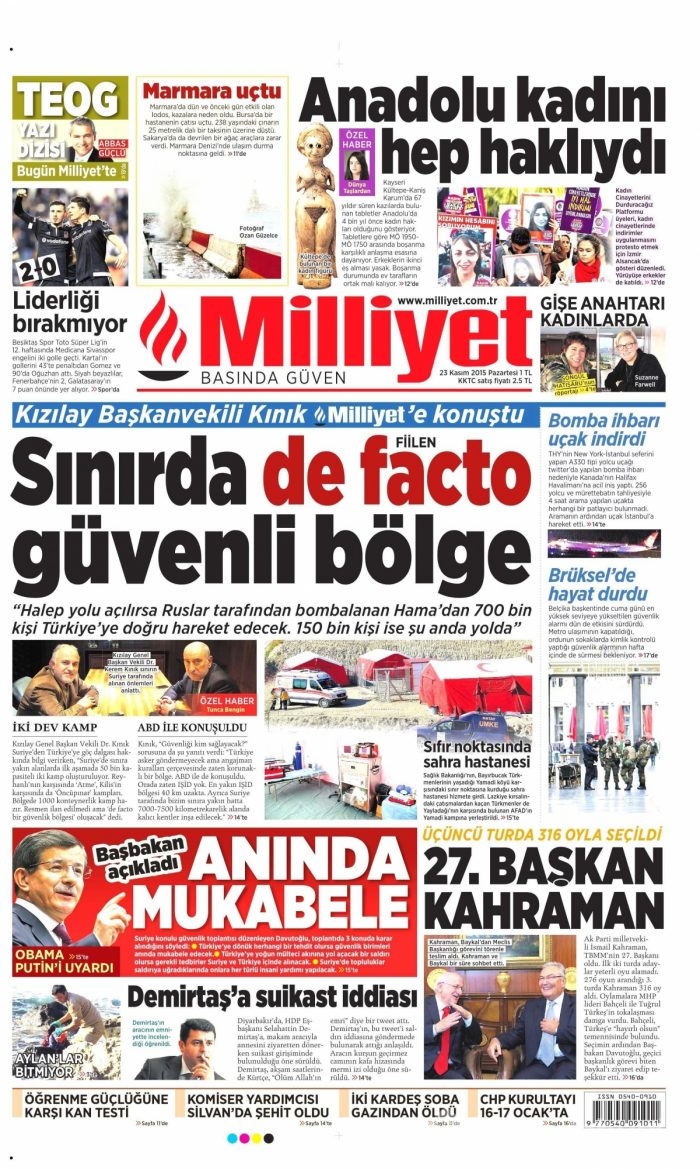 Günün gazete manşetleri (23 Kasım 2015)