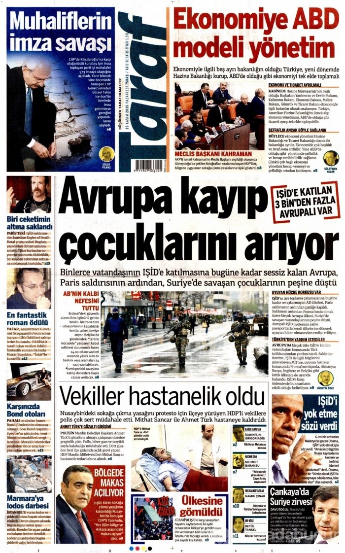 Günün gazete manşetleri (23 Kasım 2015)