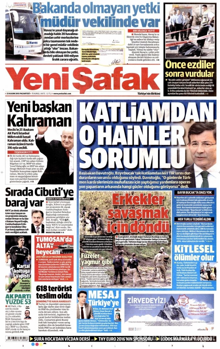 Günün gazete manşetleri (23 Kasım 2015)
