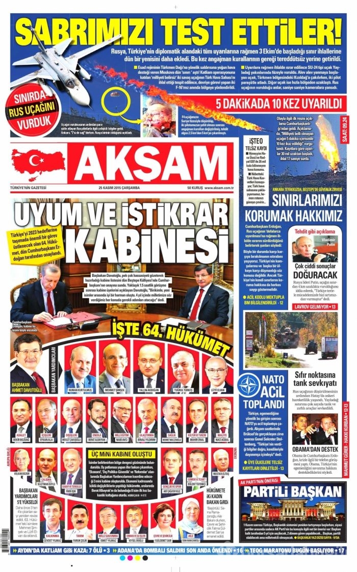 Gazete manşetleri (25 Kasım 2015)