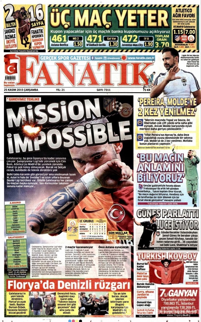 Gazete manşetleri (25 Kasım 2015)