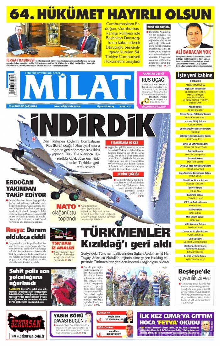 Gazete manşetleri (25 Kasım 2015)