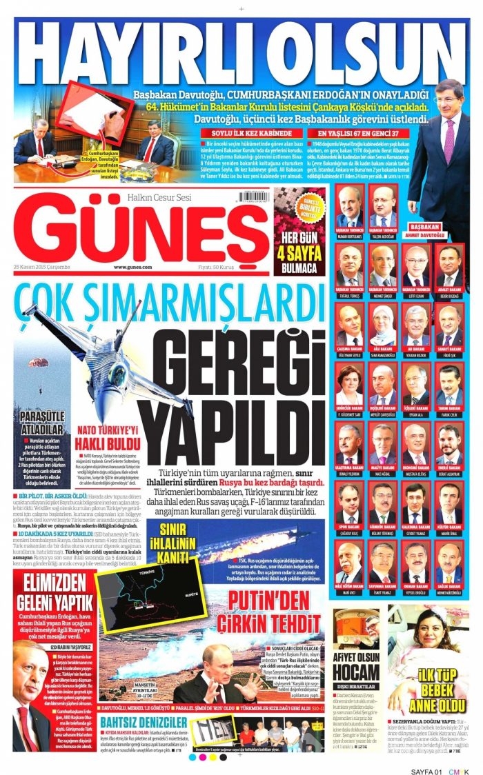 Gazete manşetleri (25 Kasım 2015)