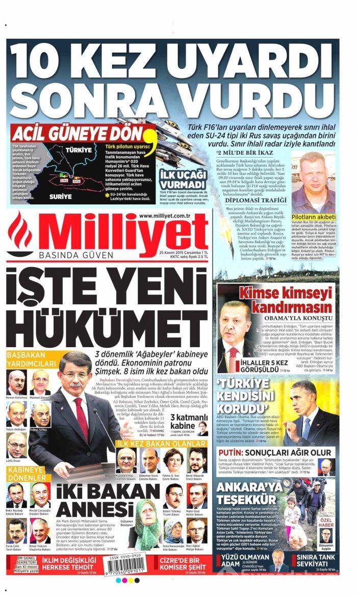 Gazete manşetleri (25 Kasım 2015)