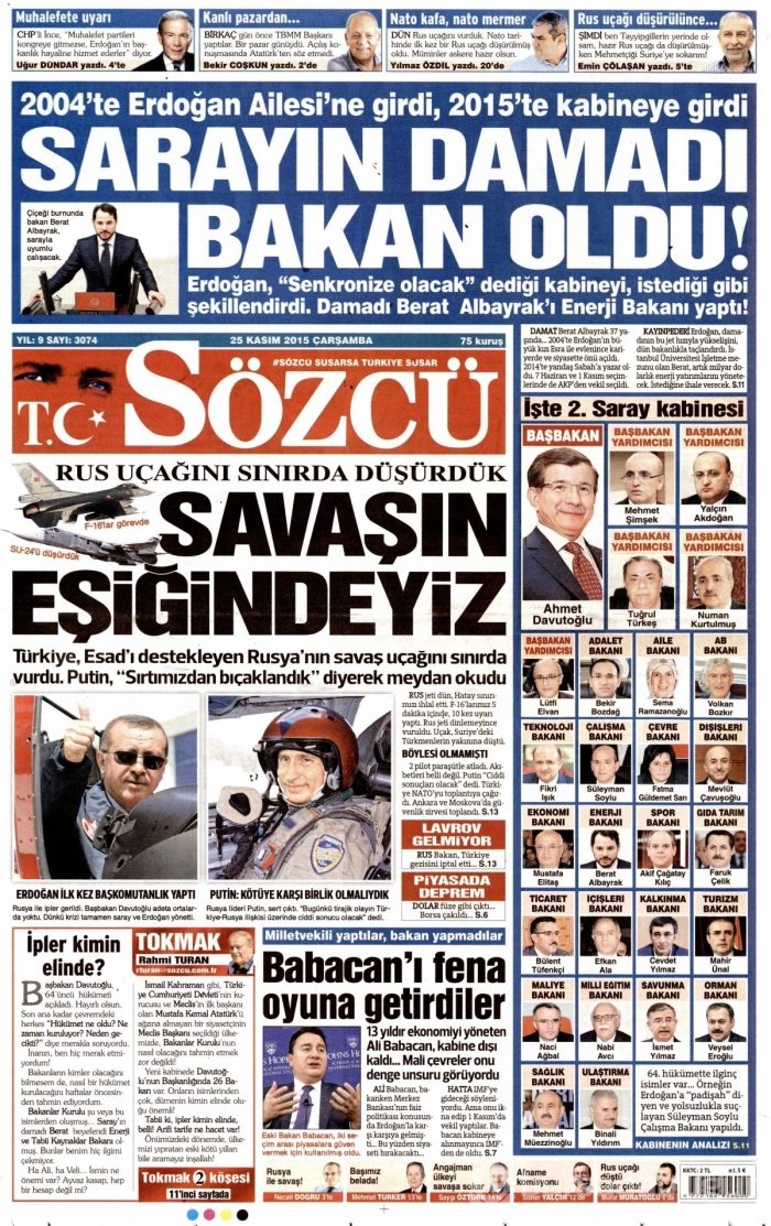 Gazete manşetleri (25 Kasım 2015)