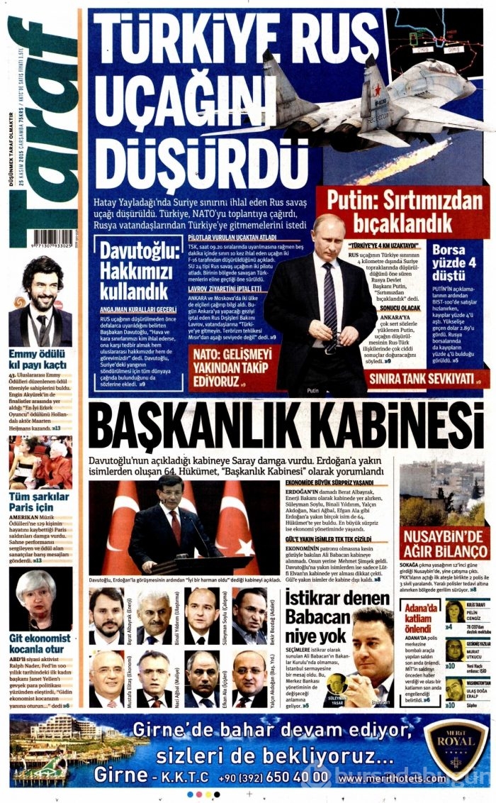 Gazete manşetleri (25 Kasım 2015)
