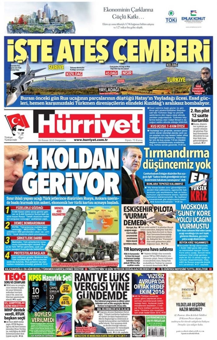 26 Kasım 2015 gazete manşetleri